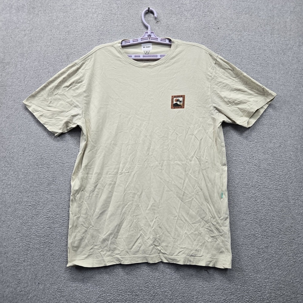 Vissla Men Shirt XL Beige Sunrise Sunset Palm Trees Logo Graphic Print Crew Neck